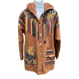 Vintage Women's Jacket Denim Animal Print Stripes Hooded Brown Size XL USA Made